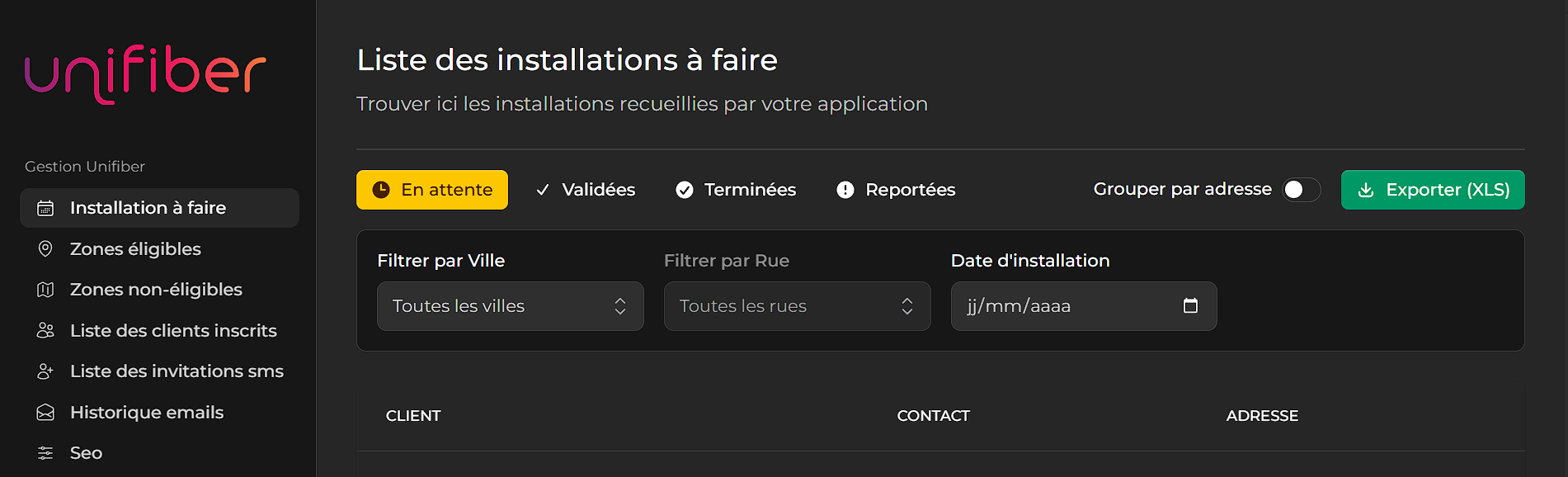 Capture d'écran Back office Unifiber
